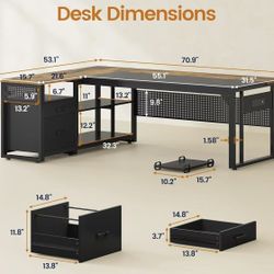 🥨71 in Executive Desk with Power Outlets, Reversible L Shaped Desk with File Drawers & Storage Shelves, Large Office Desk Computer Desk with Pegboard
