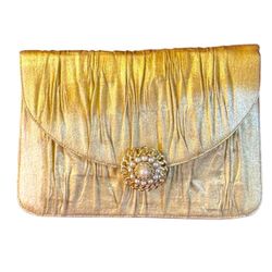 LOU TAYLOR 60’s Upcycled Gold Lamé Hand Clutch w/24K Gold Swivel Mirror Italy