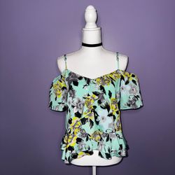 J.O.A. Mint Off The Shoulder Floral Blouse