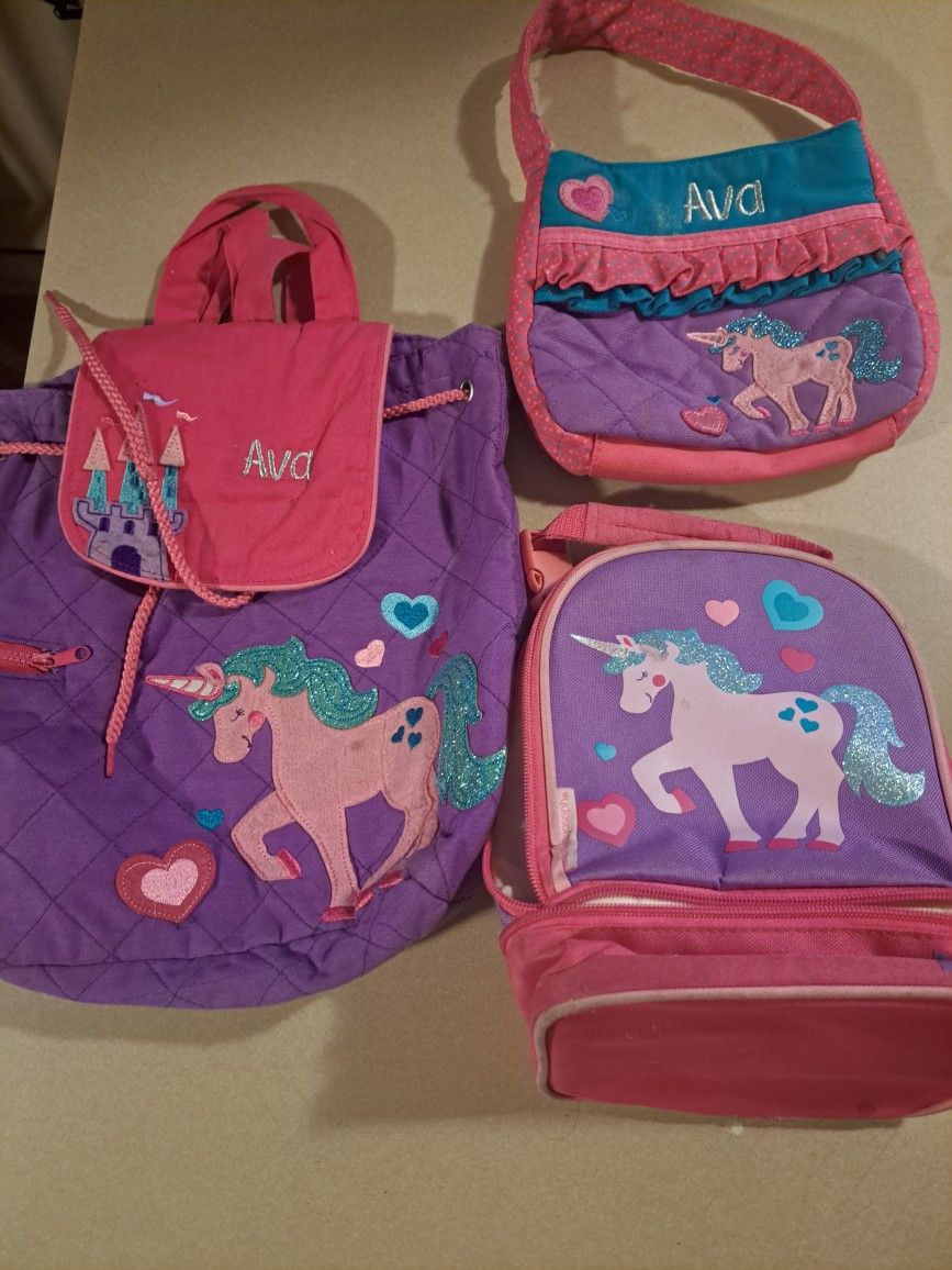 Unicorn purse, lunchbox, and backpack embroidered with "Ava"