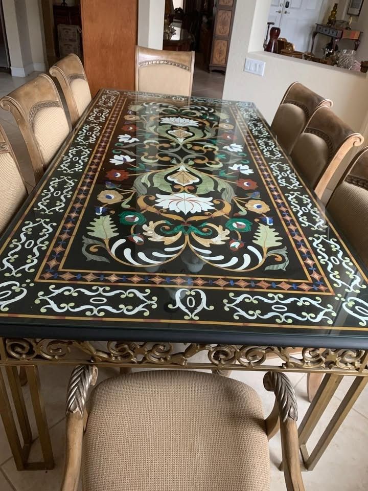 Elegant Marble Inlay Dining Table With Antique Design