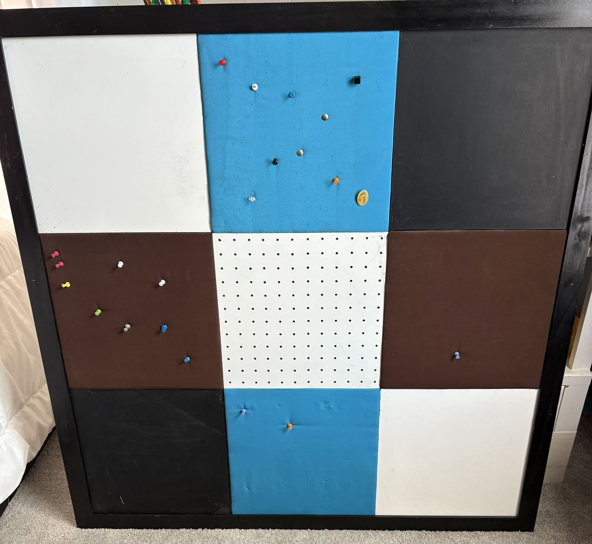 Multi Use Hanging Board. Whiteboard, Pegboard, Chalkboard And Push Pin Squares.