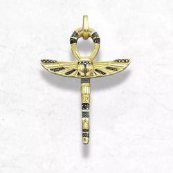 Egyptian Royal Ankh Pendant – 925 Silver, Gold Plated, Black Zircon Magic