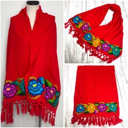Vibrant Red Shawl Scarf Wrap Pashmina Floral Mexican Zinacantan Embroidery Bufanda Artesanal