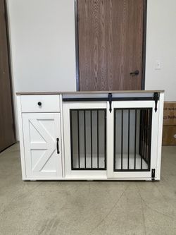 JOIVI 44" Dog Crate Furniture with Sliding Barn Door, Wooden Dog Kennel with Drawer and Storage Cabinet, White