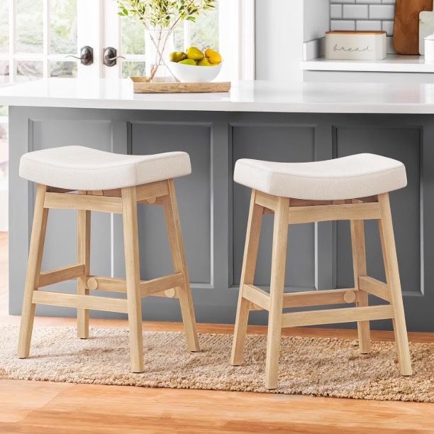 Saddle Seat Counter Height Bar Stools Set of 2 for Kitchen, Dining, 24in, Beige