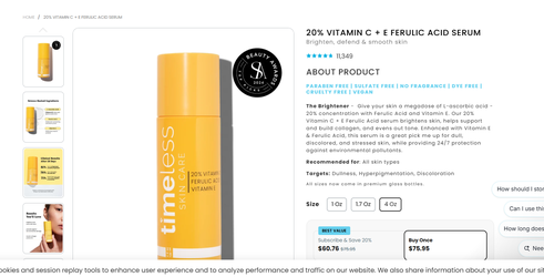 Timeless 20% Vitamin C + E Ferulic Acid Serum – 4 Oz – New