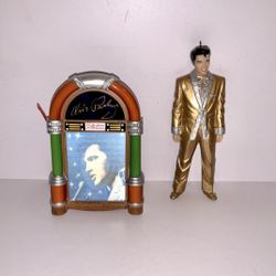Elvis Presley Mini Jukebox Ornament + Gold Suit Elvis Figure Christmas Decor Lot