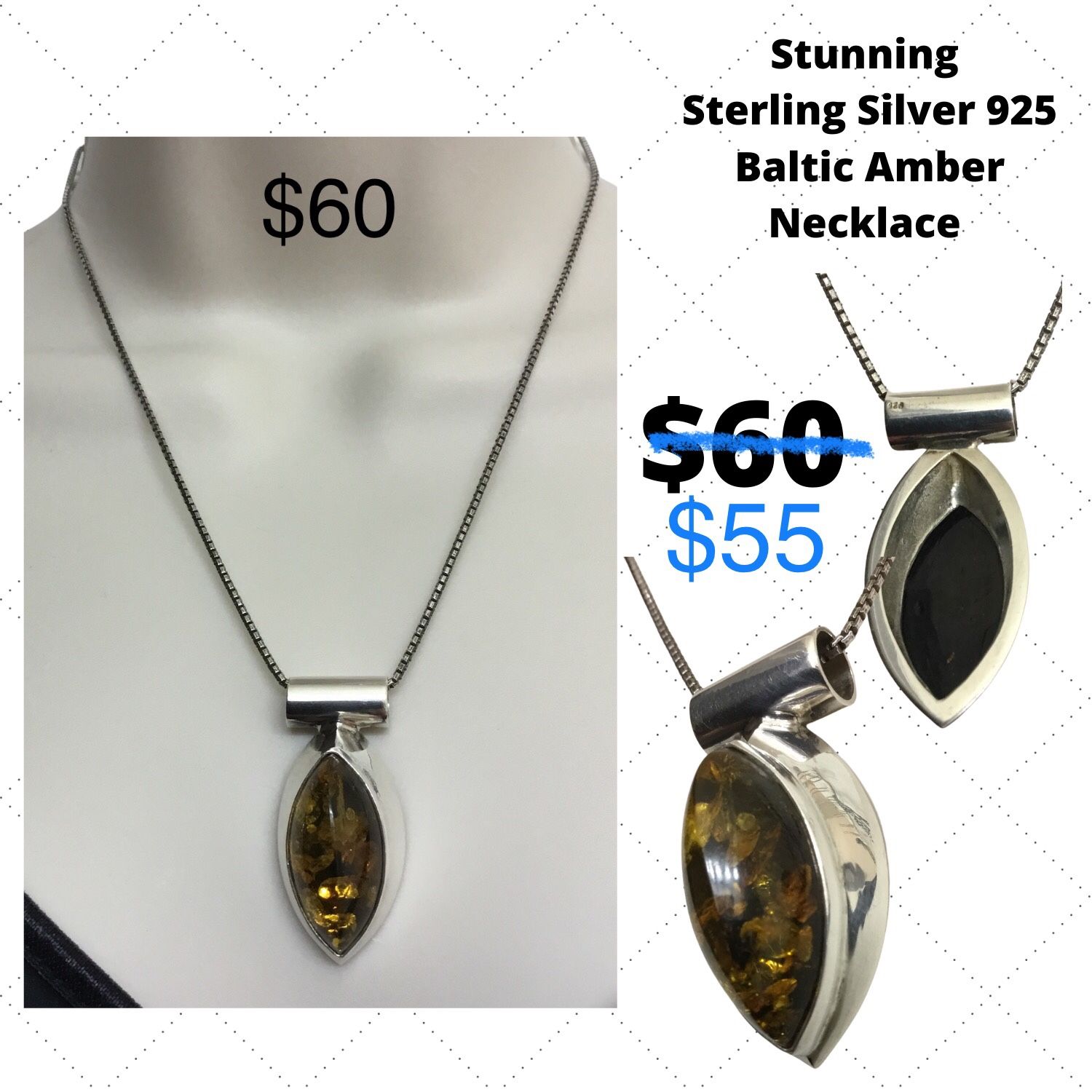 Stunning sterling silver 925 Baltic amber pendant necklace, See Pic For Price