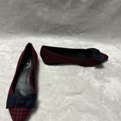 Women’s  Red blue Fleece plaid houndstooth bow ballet flats 7.5