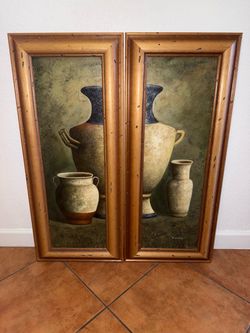 Pair of Framed Still Life Pottery Oil Paintings