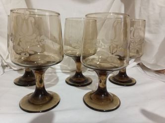 Vintage Set of 5 Smoked Glass Etched Wine Goblets