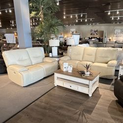 Beige Power Reclining Couch And Loveseat