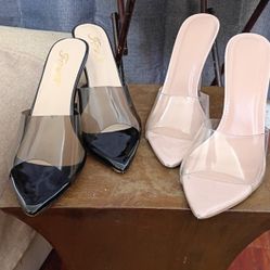 Size 8.5, Clear, Nude And Black Patten Hi Heel Sandles.