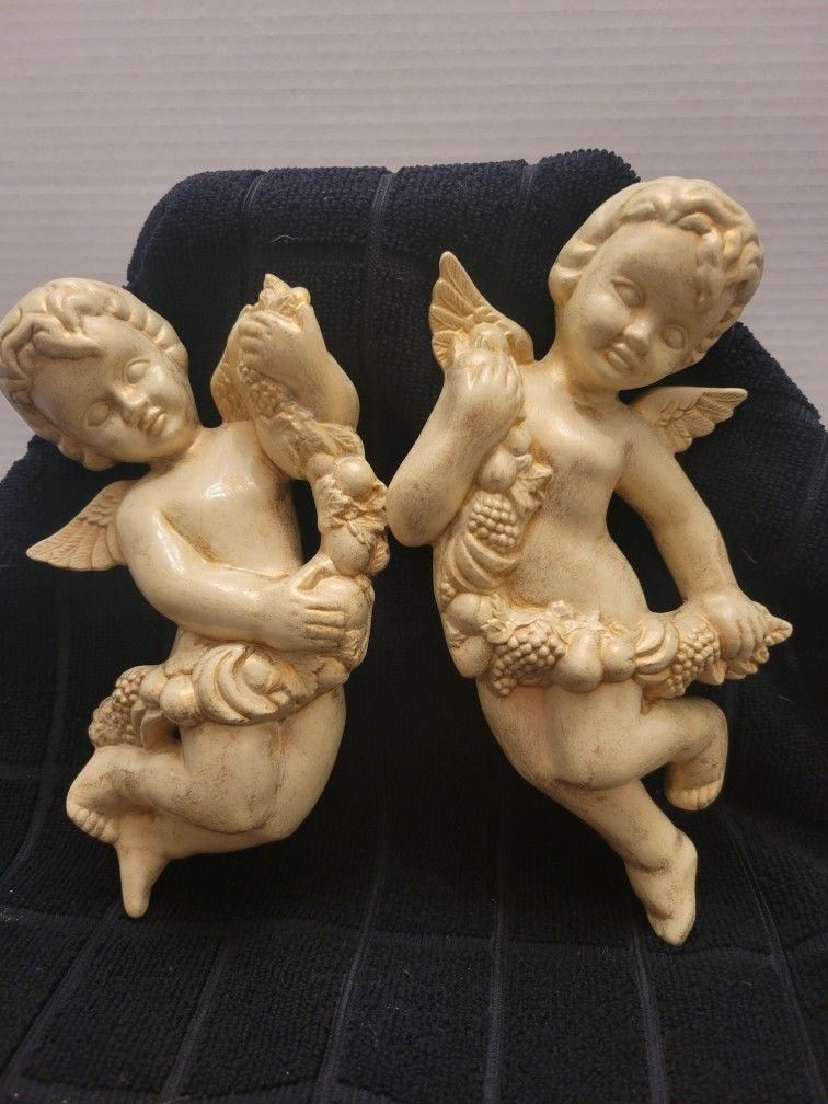 Set of 2 Vintage Cherub Angel Ceramic Wall Plaques Gold Hand Painted 7.5"