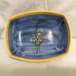 Rectangular Blue Ceramic Dish With Botanical Yellow Decorative Design