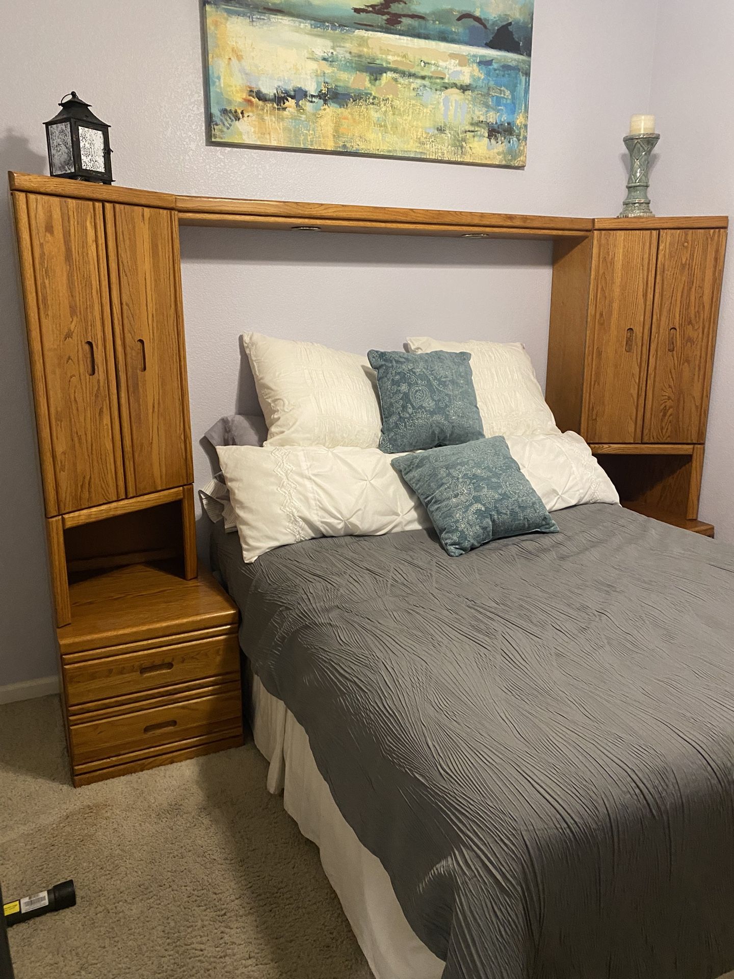 Queen End Tables With Tall Extensions, Plus Lighted Bridge and 5 Drawer Dresser