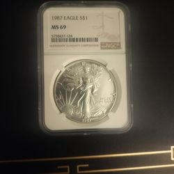 1987 1 Oz  silver eagle ms 69 brown Lable
