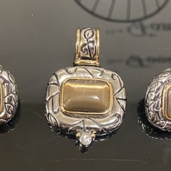 Brown Cats eye Vintage Pendant And Earrings