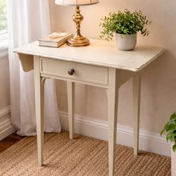 Vintage White Drop Leaf Side Table Small Accent Table w/ Drawer 30” Extended