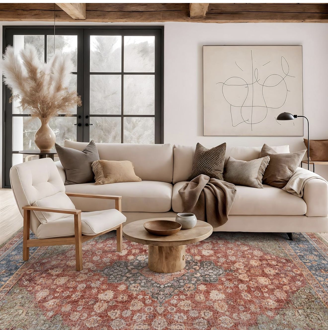 Rugshop Noelle Red Medallion Floral Area Rug – Machine Washable, Non-Slip Flatweave Rug for Living Room, Bedroom, or Dining Room – Classic Vintage Loo