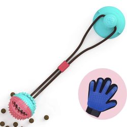 Pet Molar Bite Chew Toy Dog Rope Ball with Suction Cup with Pet Grooming Glove
