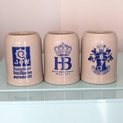 German set of 3 beer mugs ceramic stoneware Germany blue logo