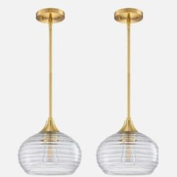 2 Pack 1 Light 8" Kitchen Island Hanging Pendant Light Farmhouse Dining ,Clear Ribbed Glass Shade Light Fixture,Brushed Bronze Finish
