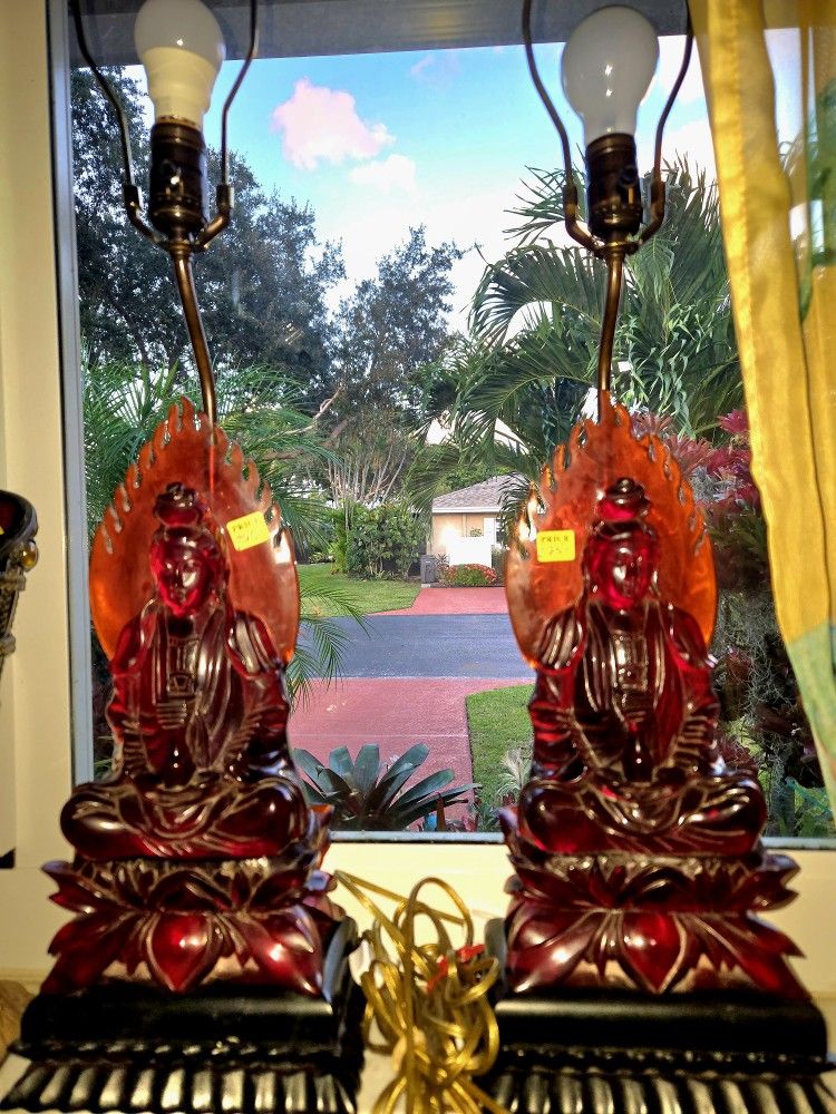 $199 Each or Best Offer For Both. Antique Chinese Amber Seated Quan Yin With The Aura Carved Wood Base Table Lamps