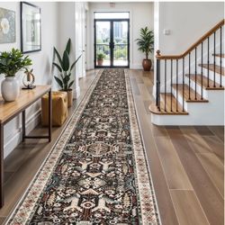 3x16 Washable Hallway Runner Rug: Non Slip Floral Scalloped Runner Rugs for Kitchen 12ft Long Floor Mat for Indoor Entryway Boho Carpet Runner