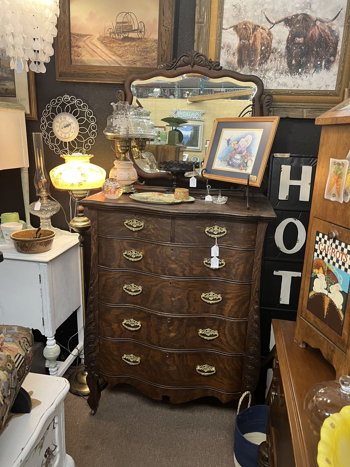 Antique Vintage Dark Brown Dresser and Mirror