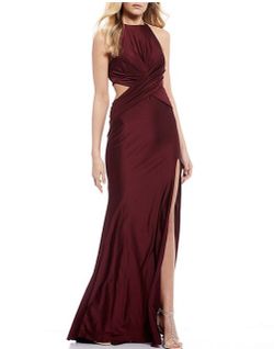 Abbi Vonn by La Femme Spaghetti Strap Mock Neck X-Back High Side Slit Long Satin Dress