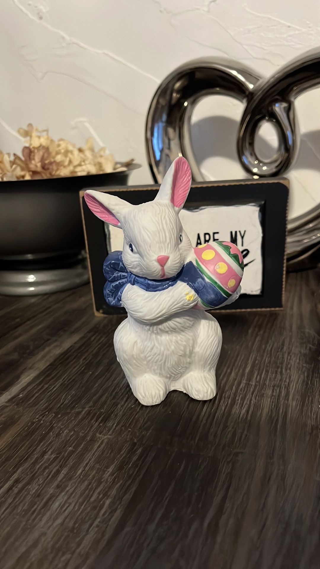 Porcelain Bunny With Blue Bow Holding Easter Egg