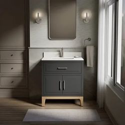 New_Open Box_Costco 30inch Kohler Tio Bathroom Vanity Cabinet with Quartz Top in Gray_60% Off