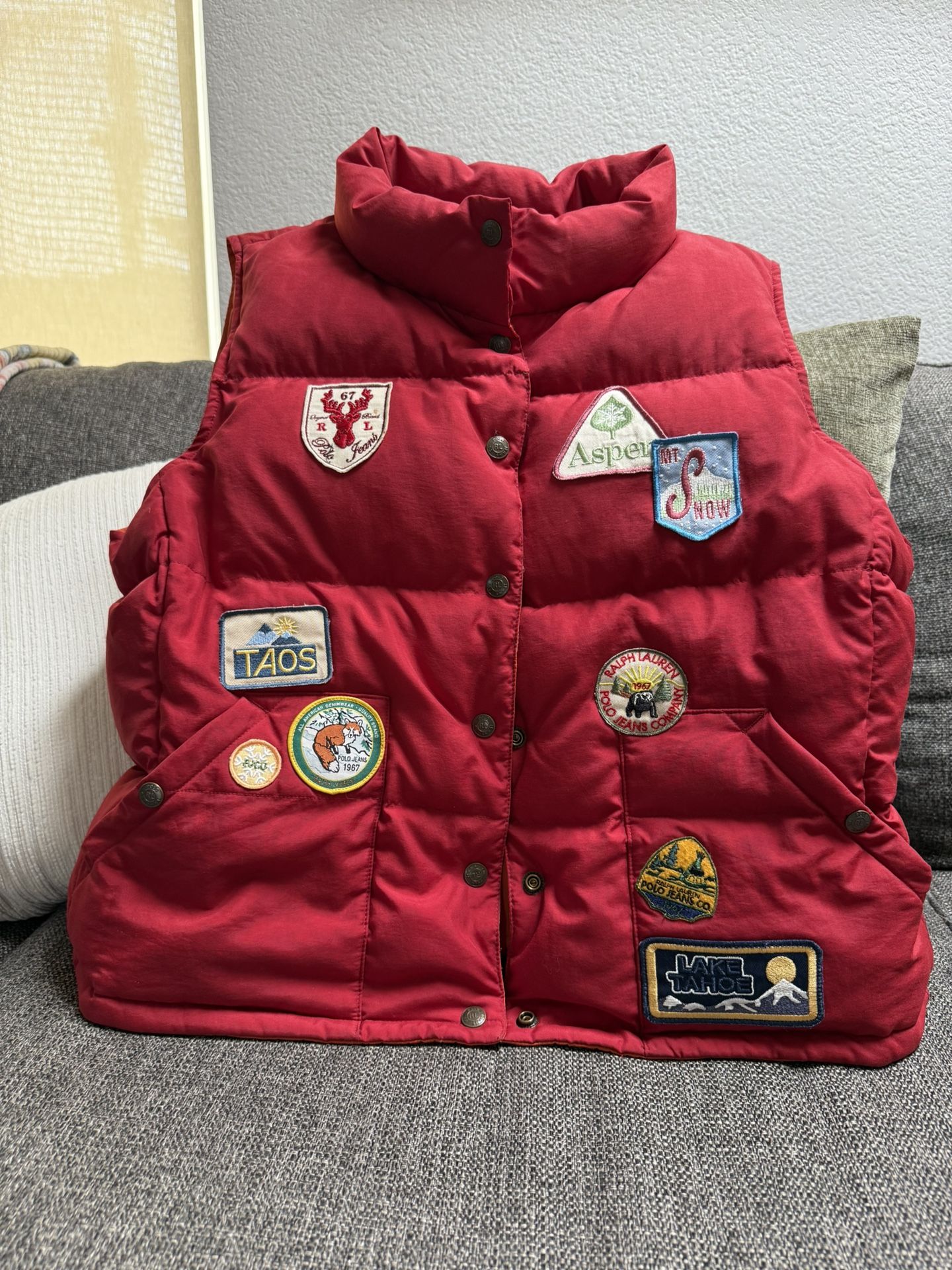 Vintage PRL 1967 Ralph Lauren Red Gilet Puffer Reversible Patches Ski Vest Sz xL