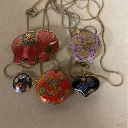 Vintage  Cloisonné  Pendants And Elephant  Broach 
