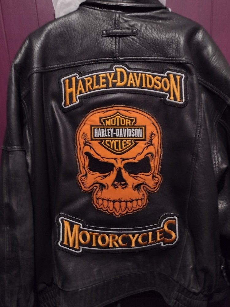 Non Harley Leather Motorcycle Jacket By Craft & Barrows With Harley-Davidson Patches Size XL Price $75