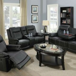 Brand New Black Leather Baseball Stitched 3pc Reclining Set With Storage Compartments A Drop Down Table & Built In Cup Holders 