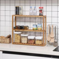 Bamboo Bathroom Shelf, 3-Tier Adjustable Plants Rack, Wall-Mounted or Stand, Natural