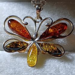 Sterling Baltic Amber Butterfly Necklace 