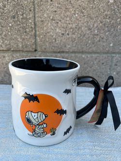 Rae Dunn Peanuts Snoopy HAPPY HALLOWEEN Mummy And Bats Double Sided Mug NEW
