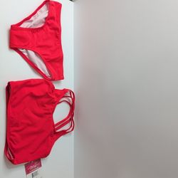 Kanu Surf Girls' Red 2-Piece Bikini Set – Size 10 – Criss-Cross Sport Top 