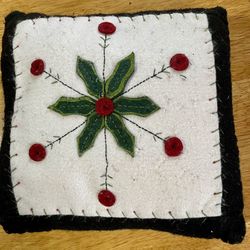 9.5”  Holiday folk art pillow, appliqued flowers , wool