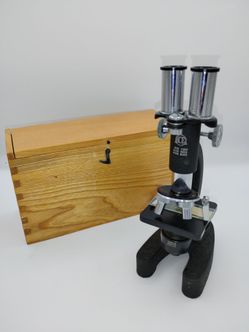 Vintage Binocular Microscope w/ Wooden Case HOC Logo