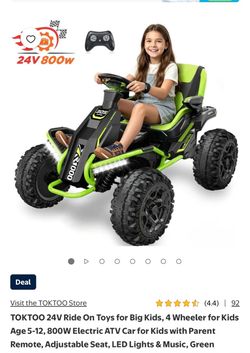 TOKTOO 24V Ride On Toys for Big Kids, 4 Wheeler for Kids Age 5-12, 800W Electric ATV Car for Kids with Parent Remote, Adjustable Seat, LED Lights & Mu