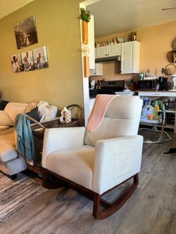 White Sherpa Rocking Chair with Wood Base