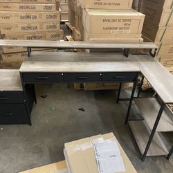 L Shaped Desk with 5 File Drawers, 75" Reversible L Shaped Computer Desk with Power Outlet