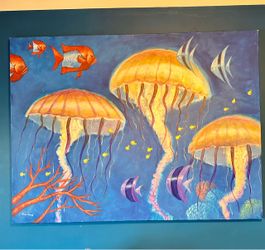 Large Nautical Jellyfish Painting On Canvas By Rick Novak 48”x36”