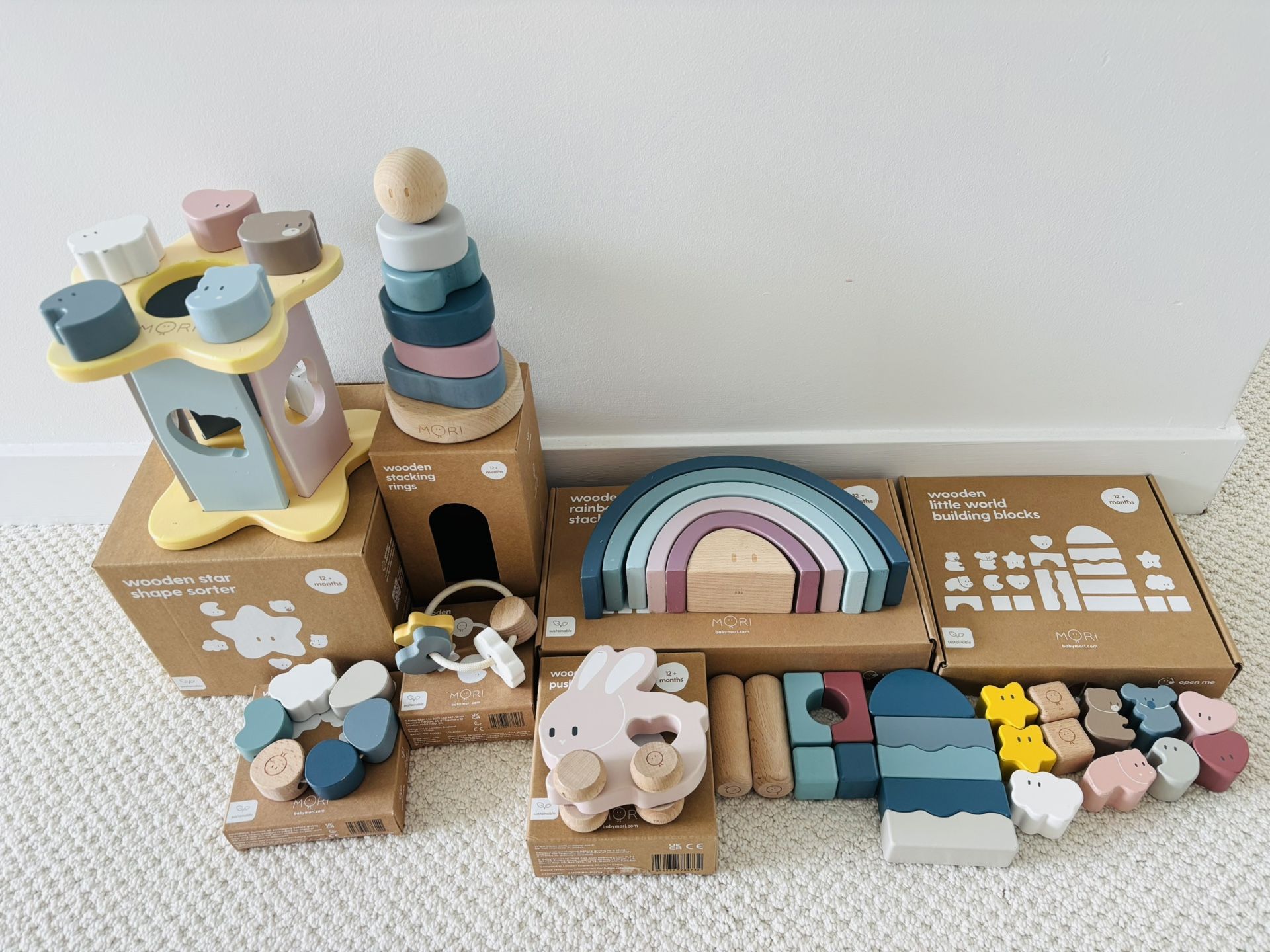 7 Mori Wooden Sets - Shape Sorter, Stacking Rings, Building Blocks, Rattle Ring, Push Along, Rainbow Stacker, Grasping Toy