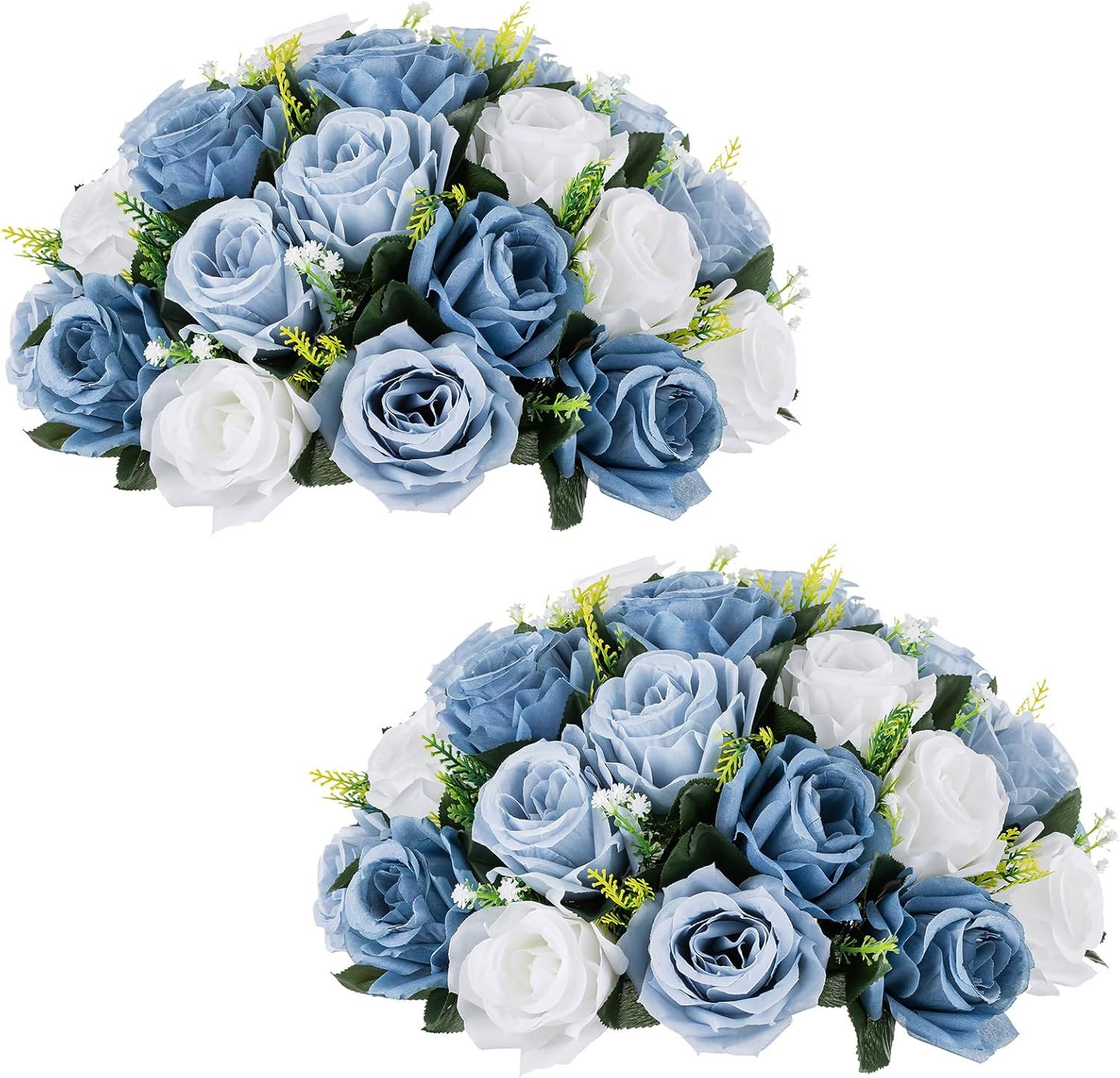 NUPTIO Large Artificial Flower Centerpieces - 2 Pcs 13.8in Diameter Dusty Blue & White Fake Flowers Roses Balls